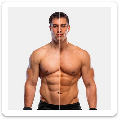 Realistic style image of a shirtless male bodybuilder, half body in bulk version (fatter, full muscles), half body in cut version (very lean, dry and defined muscles, visible veins). Neutral background. Create 10 variants with different expressions and levels of muscle definition. sticker