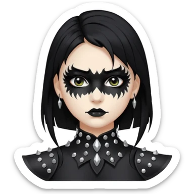 Crea una ragazza con stile black metal,  paint face black metal, capelli neri, mossi dalle spalle e occhi bianchi e un collare con borchie a punta sticker
