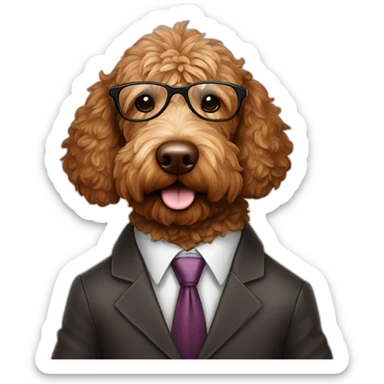 A chocolate colored golden doodle wearing a suit and glasses on the stand in court sticker