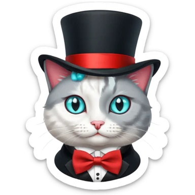  Kater in grau weiß, mit schwarzem Zylinder, der eine rote Banderole auf dem Kopf hat, der etwas schräg ist, so dass nur ein Ohr zu sehen ist. Der Kater schaut gerade nach vorne und am Hals hat er eine kleine, rote Schleife. Die Augen sind türkisfarben am funkeln mit kleinen, weißen Lichtreflexen. sticker