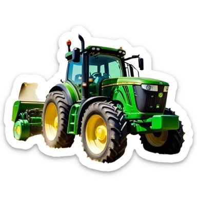 John Deere 6155M (2020) – Cinematic-realistic John Deere 6155M tractor, its iconic green and yellow body rolling across vast Australian farmlands. The powerful engine hums as it tows a massive plow, cutting through golden fields under a clear blue sky, dust rising in its wake. sticker
