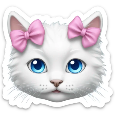 White fluffy cat with blue cute eyes with pink bow on top of the head on the right side  sticker