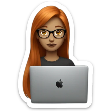 redhead long straight hair girl with black glasses using a mac laptop sticker