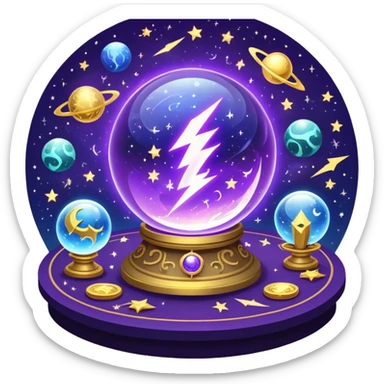 A mystical, glowing crystal ball with swirling sparkles and lightning bolts inside, surrounded by zodiac signs and planets floating in space, with tarot cards spread out on the table around the ball. Use bright purples, blues, and golds to create a magical, mysterious vibe. transparent background.  sticker