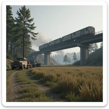 a screenshot of a location in a videogame  the image of the scene consists of:  [above-ground train freeway partially collapsed], a wooded area, a small field of wheat. distant smoke. tall concrete walls, derelict vintage work trucks, more distant smoke. polluted and war-torn sticker