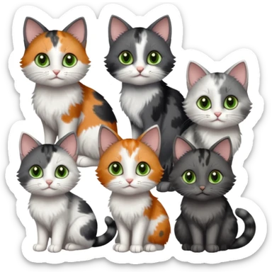 3 different coloured small cats including a dark grey and white, and a patchy calico with hazel eyes and a completely solid dark grey with green eyes and only white paws sticker