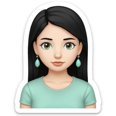 A girl emoji wearing  silver colour jhumka and light mint green colour tshirt with dark black hair sticker