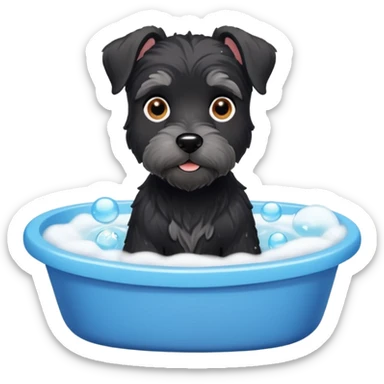 Black miniature schnauzer getting a bath in tub with soapy bubbles sticker