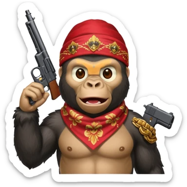 A gorilla holding a gun in the air with a bandana  sticker