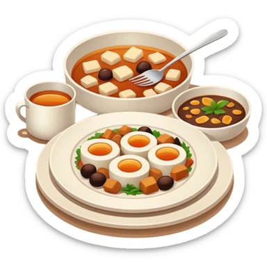 Homemade dishes on a plate, warm cozy colors, simple shapes, flat design, high contrast, friendly and inviting. sticker