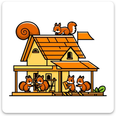 squirrel hut under construction with four workers sticker