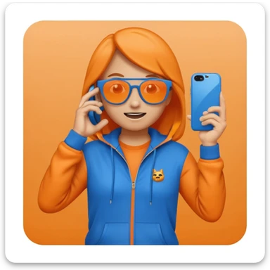 fun emoji-style character in a blue tracksuit, wearing dark sunglasses, holding hand to ear like a phone, playful energetic expression, orange misty background sticker