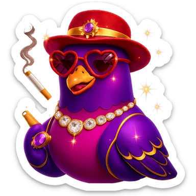 Make the pigeon more fabulous with a stylish hat, keep the cigarette, add vibrant and glamorous details in a 3D emoji style. sticker