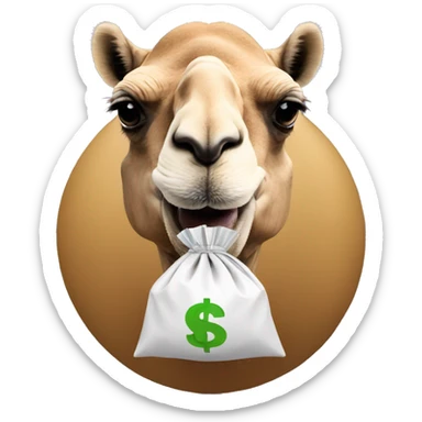 Camel holding a money bag in the mouth, picture from front sticker