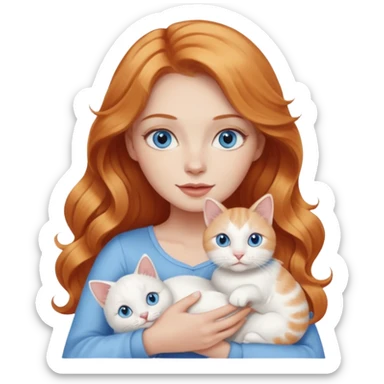 Long wavy strawberry blonde blue eyes woman with a white cat with blue eyes realistic  sticker