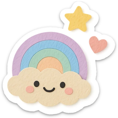 kawaii tiny rainbow, floating star and heart, soft pastel palette, no arms or legs, transparent background, full body, paper craft style sticker
