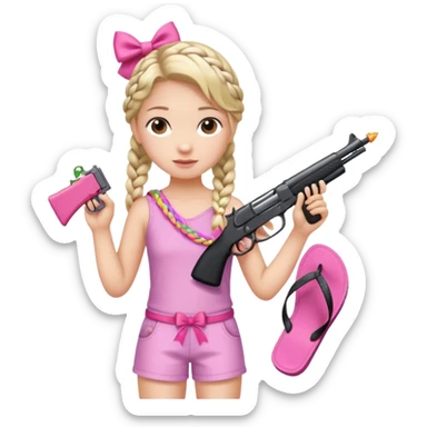 A girl who has a braid on one should and has a flipflop in one hand that has a bow while in the other hand she has a gun with a bow  sticker