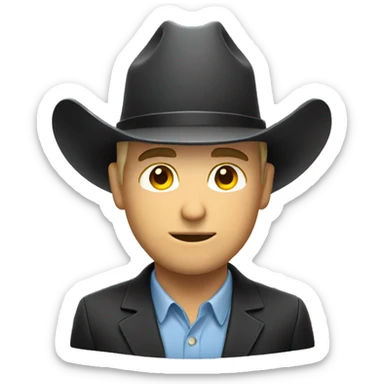 White man in a suit with a cowboy hat sticker