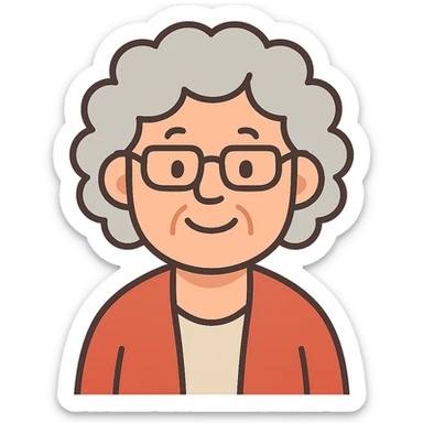 flat toon style smiling elderly Caucasian woman, grey curly hair, glasses sticker