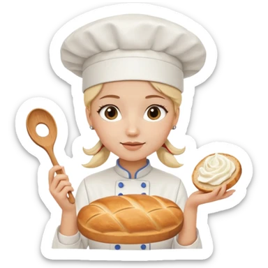 Young female baker - white chef hat, holding cream piping bag to milk oil on bread sticker
