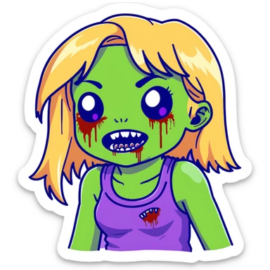 Zombie girl with green skin, purple bruises, gaping mouth, blonde long hair with bangs sticker