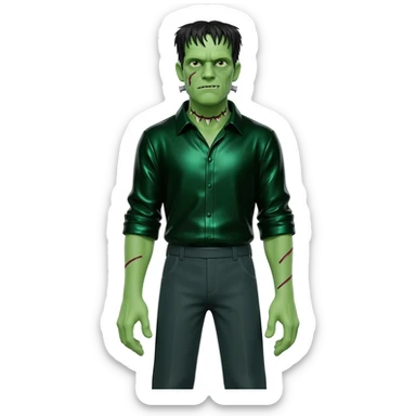 Frankenstein's Monster from Universal Monsters with black hair, dark green metallic shirt, dark green metallic baggy pants sticker