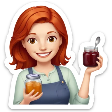 redhead woman with big smile holding a glass jar with jam in one hand and a little spoon with jam in other hand sticker