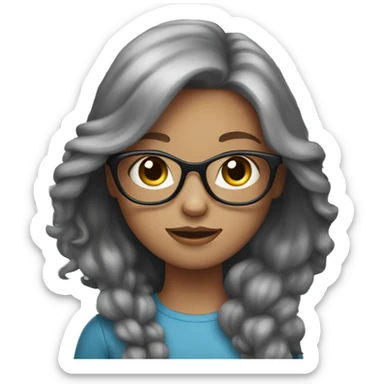 A long hair red headed girl with blue eyes, light skin, black glasses, holding an all grey cat  sticker