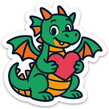 playful little dragon holding a heart sticker
