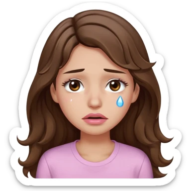girl with wavy long brown hair, brown eyes, light to medium complexion, long lashes, light pink lipstick, wearing light pink shirt, weeping lots of big tears sticker