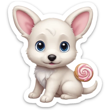 a shy but friendly white puppy with long ears that let him fly, blue eyes, pink cheeks, and a tail shaped like a cinnamon roll sticker