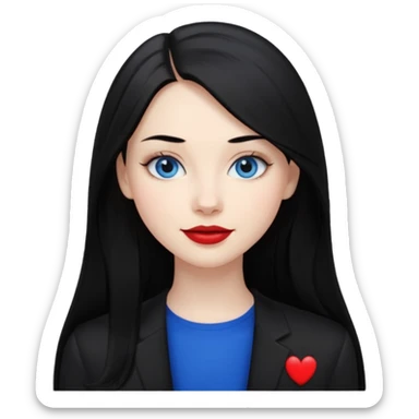 20 yr old woman long straight black hair, pale skin, blue eyes, red lipstick, black clothes, small smile sticker