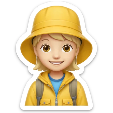 Little student wears yellow bucket hat and jacket, backpack, happy sticker