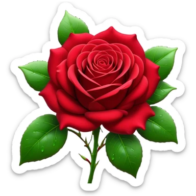 Cinematic Realistic Rose Emoji, Elegant and full of grace, with velvety, deep red petals unfurling in a perfect bloom, dew drops glistening on the soft edges, and a faint fragrance hanging in the air. The lush green leaves surround the stem, creating a vibrant contrast to the rich color of the petals. Soft glowing outline, capturing the essence of timeless beauty and romance in a single bloom. sticker