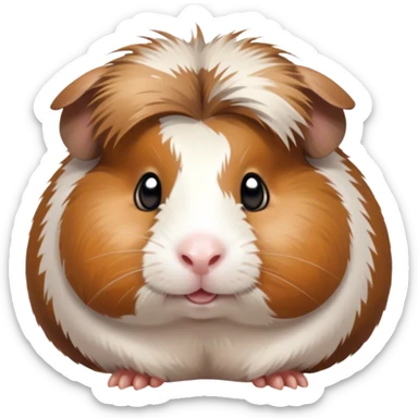 Cinematic Cute Brown and White Banded Guinea Pig Portrait Emoji, Head tilted playfully and inquisitively, showcasing a fluffy coat with playful brown and white banded patterns, round, sparkling dark eyes filled with curiosity, Simplified yet irresistibly adorable features, highly detailed, glowing with a warm, friendly glow, high shine, affectionate and spirited, stylized with a touch of whimsy, bright and endearing, soft glowing outline, capturing the essence of a mischievous yet loving guinea pig, so playful it feels like it could dash out of the screen and into your arms! sticker