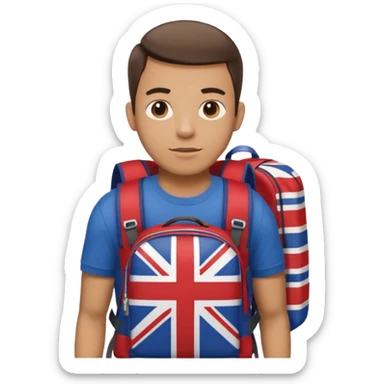 A guy with a backpack and a Union Jack on his T-shirt holds the Union Jack. sticker