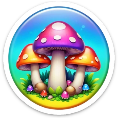 A round psychedelic colored button with bezeled edges and rainbow colored mushrooms sticker