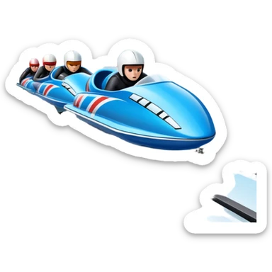 An icon featuring a sleek bobsled with athletes racing down an icy track at high speed, helmets on and bodies aligned for aerodynamics. The scene is set in a stunning snowy mountain valley with pine trees, spectators, and crisp blue sky. Transparent background captures the thrill of bobsleigh. sticker
