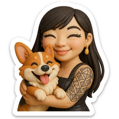 fondant cake art style emoji of an Asian girl with long straight hair, side-swept bangs, black leather dress, gold drop earrings, bold false lashes, and a geometric 3/4 sleeve tattoo on her left arm, hugging a joyful red head tri-color corgi, simplified, emoji-like sticker