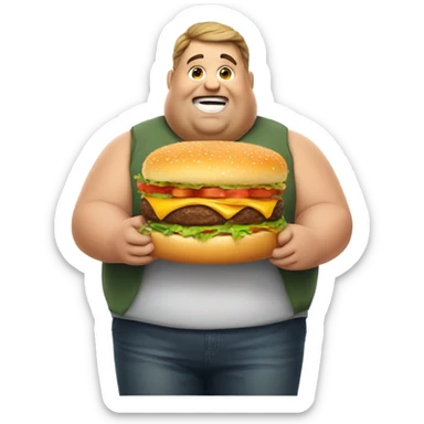 A fat man with a burger sticker