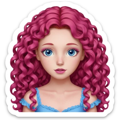 Chappell Roan long red curly hair, blue eyes, pink eyeshadow and lip, pink dress sticker