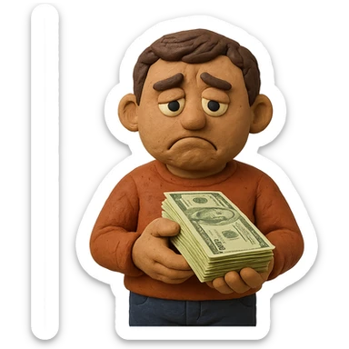 claymation style dark brown haired guy with a round face, disappointed expression, holding a stack of cash sticker