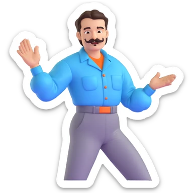 character with slicked back shiny dark brown hair, handlebar mustache, flamboyant light blue puffed sleeve shirt, cheeky deadpan face, one hand forward Latin dance pose sticker