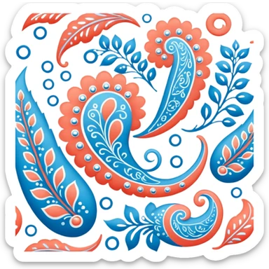 paisley motif, seamless pattern print in soft and bright Coral, pale blue, white and Bedazzled Blue colors. Must be visually appealing, 4k hd, 3000x3000, DPI 300 sticker