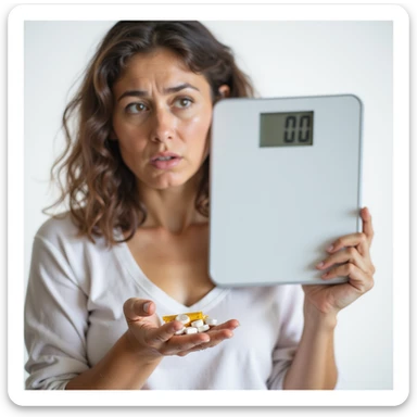 hyperrealistic 4K vertical 9:16 close-up of a woman holding Metformin, next to a scale showing the same weight as before, discouraged expression, white background sticker