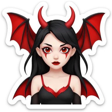 demon girl, skin red , black long hair, small horns, bat wing, black open-back dress, bold black outlines sticker