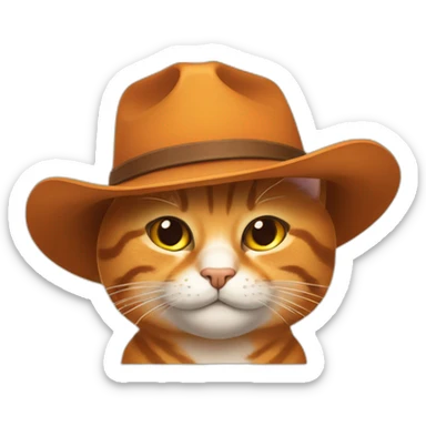 orange, smirking, tabby cat while wearing a brown cowboy hat sticker