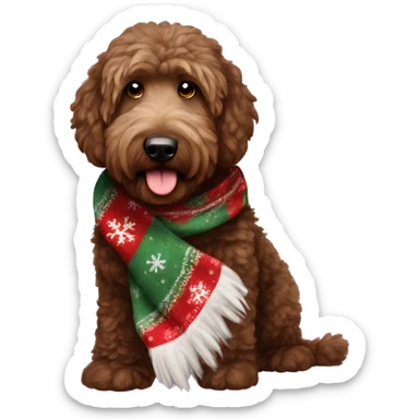 Very dark brown golden doodle with long fur earring a Christmas scarf sticker