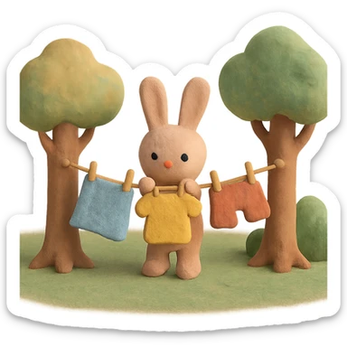 bunny hanging laundry between trees, calming domestic forest feel, soft pastel colors sticker