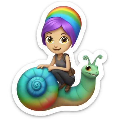 Caucasian Woman with purple hair riding a rainbow snail sticker